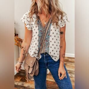 Women's White and Blue Boho Patterned Top | Sizes M, L and XL